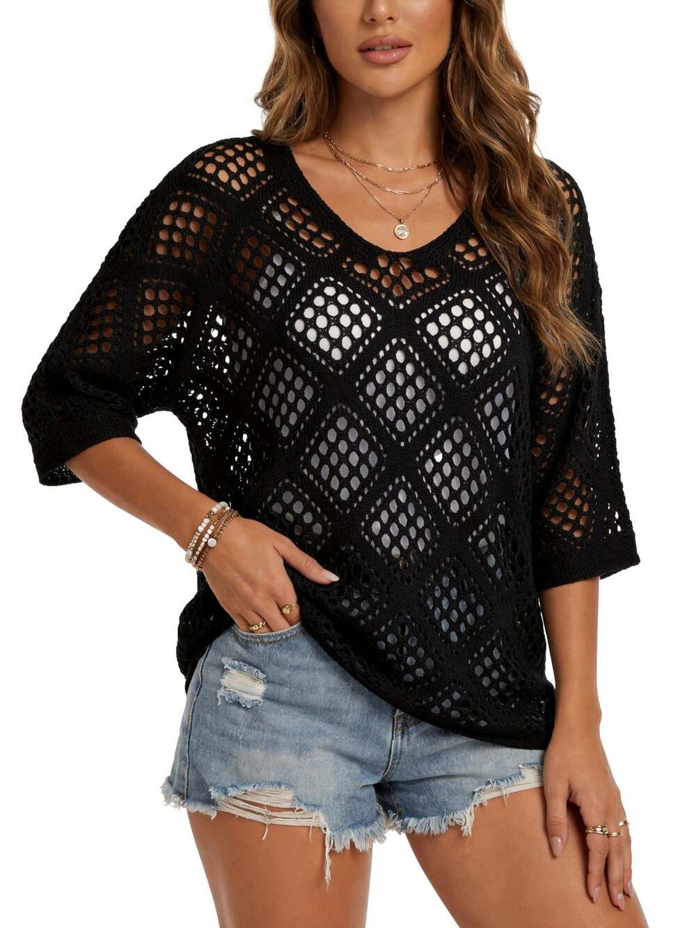 AlisOker Womens Crochet Top L Black V Neck 3/4 Sleeve Knit Loose Fit Beach